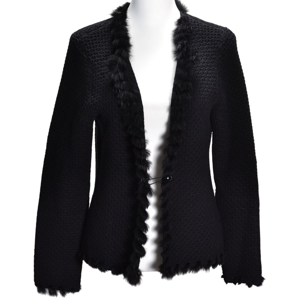 Jones New York Cardigan Women M Black Wool Rabbit Fur Trim Sweater Holiday Luxe